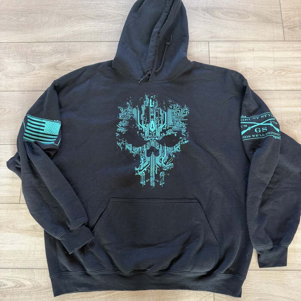 Grunt Style Hoodie Mens XL Black Teal Skull Flag